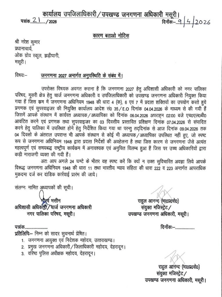 जनगणना प्रशिक्षण में लापरवाही बरतने वाले प्रधानाचार्य को मसूरी प्रशासन ने थमाया नोटिस