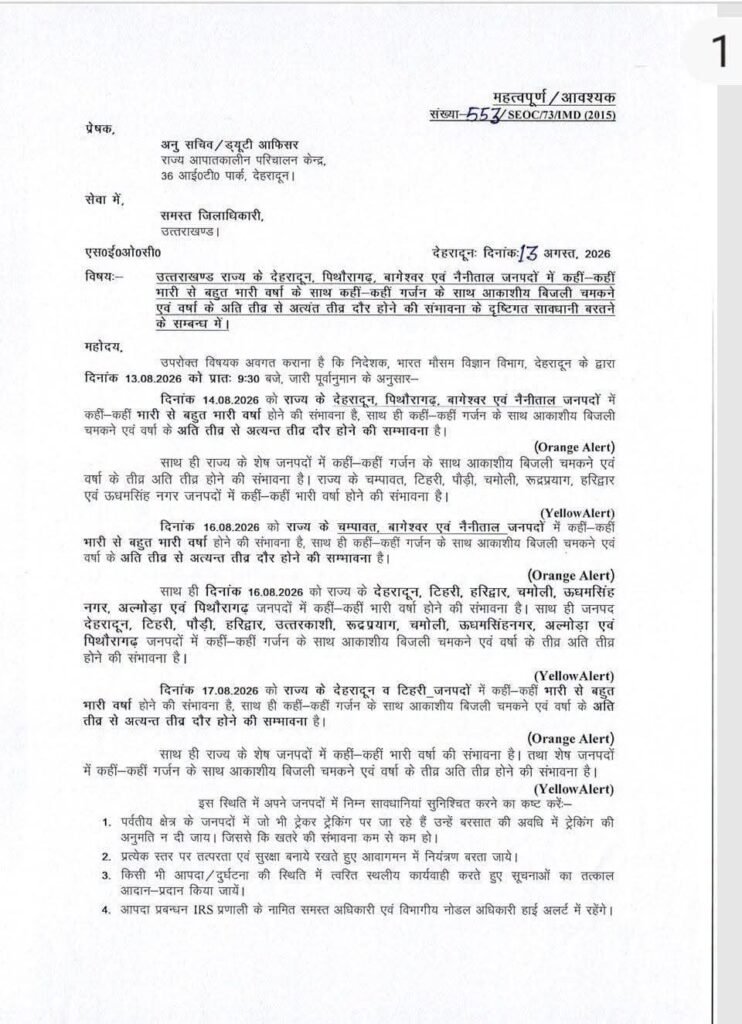 उत्तराखंड में अगले चार दिन तेज बारिश का दौर, कई जिलों में ऑरेंज अलर्ट